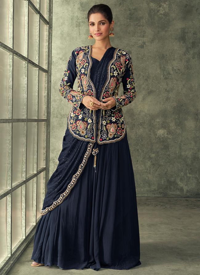 Real Georgette Navy Blue Party Wear Embroidery Work Readymade Indo Western